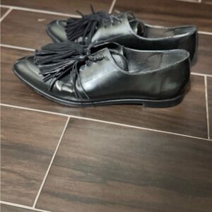Loeffler Randall Black Leather Loafers with Tassels